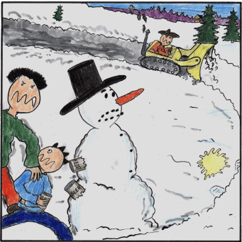 Ola lawless is driving a snowplough to kill the snow man and Torgny Junior is chill his beer in the snowman.