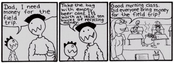 Torgny gives his empty beer cans to recycling for a field trip.